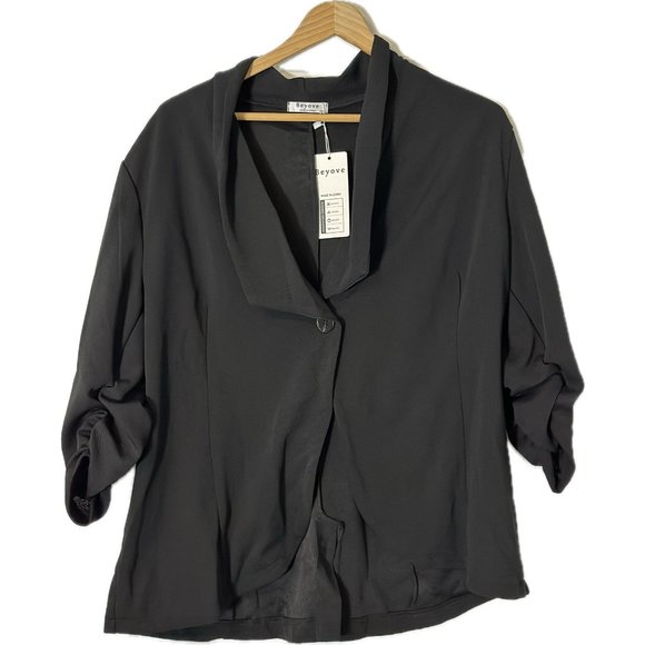 Beyove Women's 3/4 Ruched Sleeve Open Front Work Office Blazer Jackets Black - Picture 1 of 5